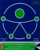 <div class=lightGallery-captions><p>Distintivo Establecimiento Accesible Ciudad Autónoma de Ceuta</p><p>Reconocimiento otorgado por la Oficina Técnica de Accesibilidad de la Ciudad Autónoma de Ceuta con el distintivo de grado Adaptado.</p><h4>Material cedido por 115 - CESMA</h4><span>2018</span></div>